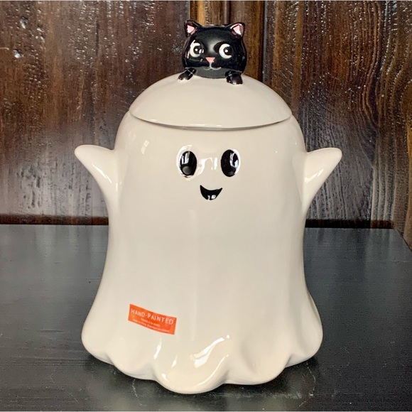 Ghost with Black Cat Hand Painted Halloween Canister - Picture 2 of 13